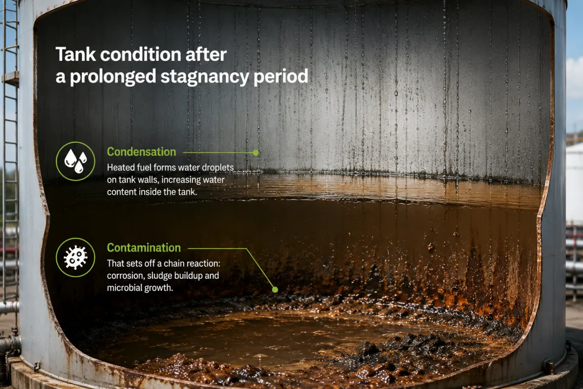 Tank condition after a prolonged stagnancy period — condensation and contamination