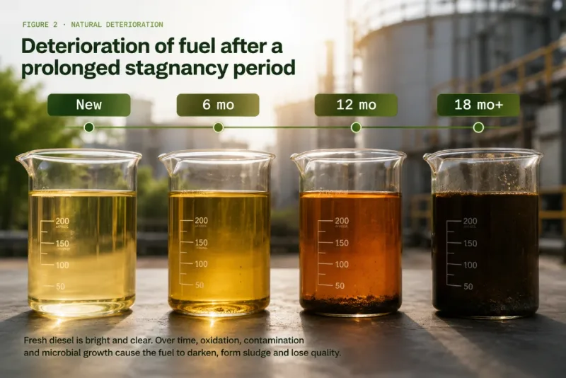 Four beakers of diesel, fresh through to heavily degraded