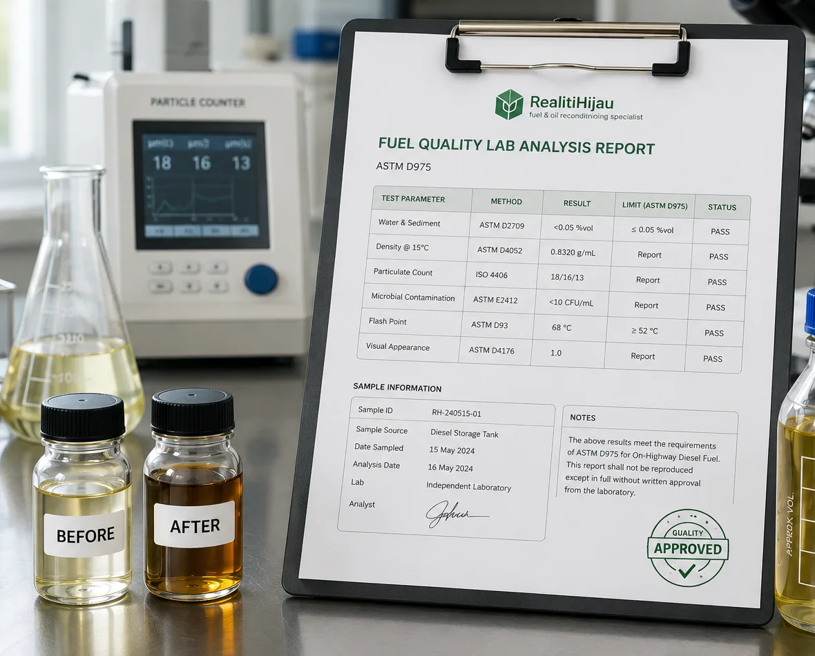 Fuel quality lab analysis certification report, ASTM D975, with before and after fuel samples