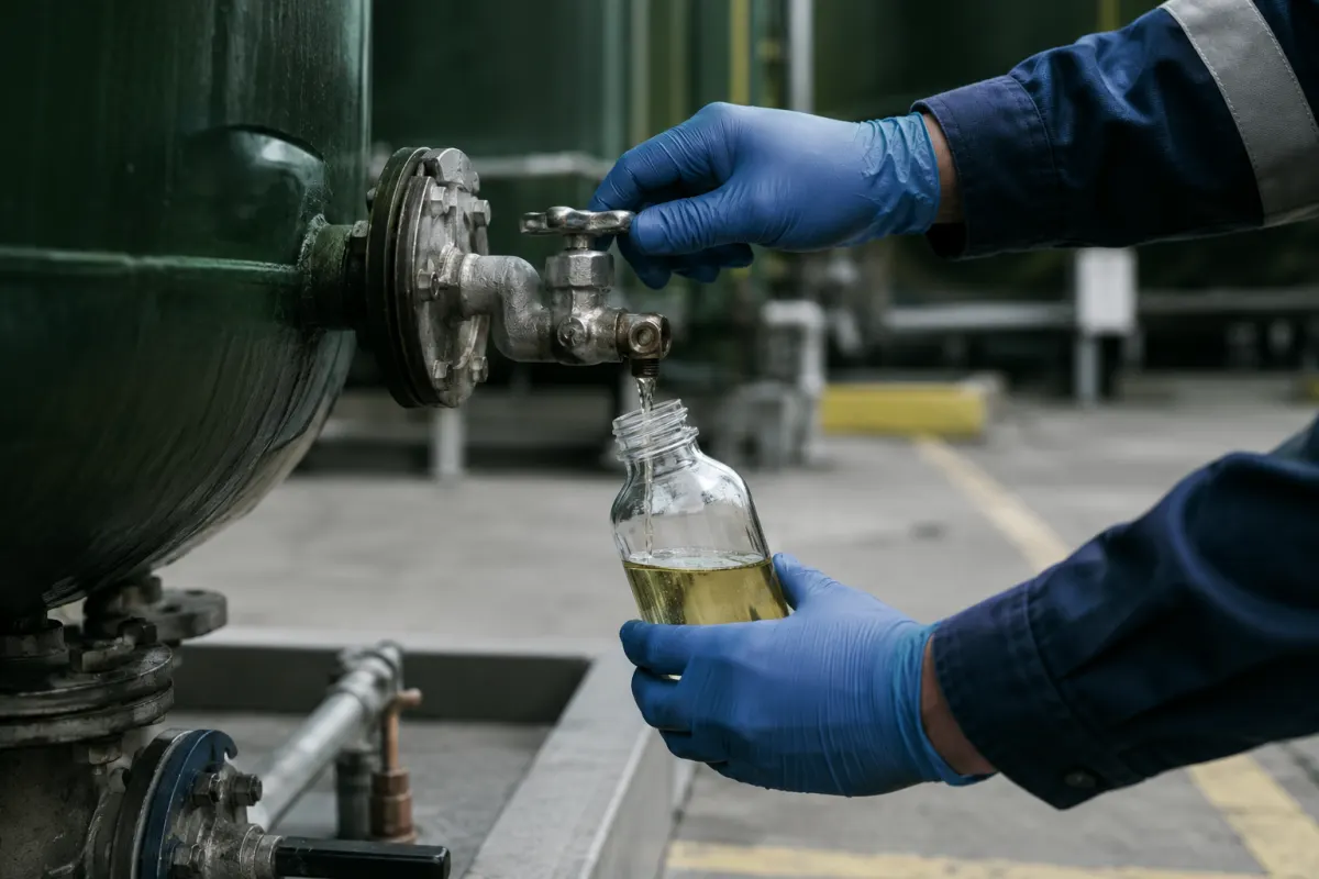 Juruteknik mengambil sampel diesel dari injap tangki simpanan ke dalam botol sampel kaca